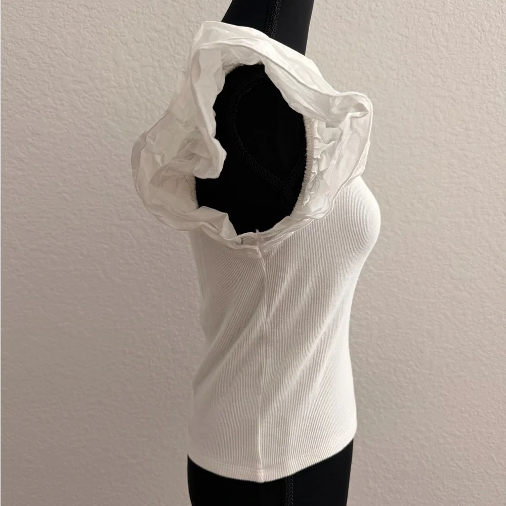 ZARA White Ribbed Knit Ruffle Sleeve Top | 100% Cotton Puff Sleeve Blouse